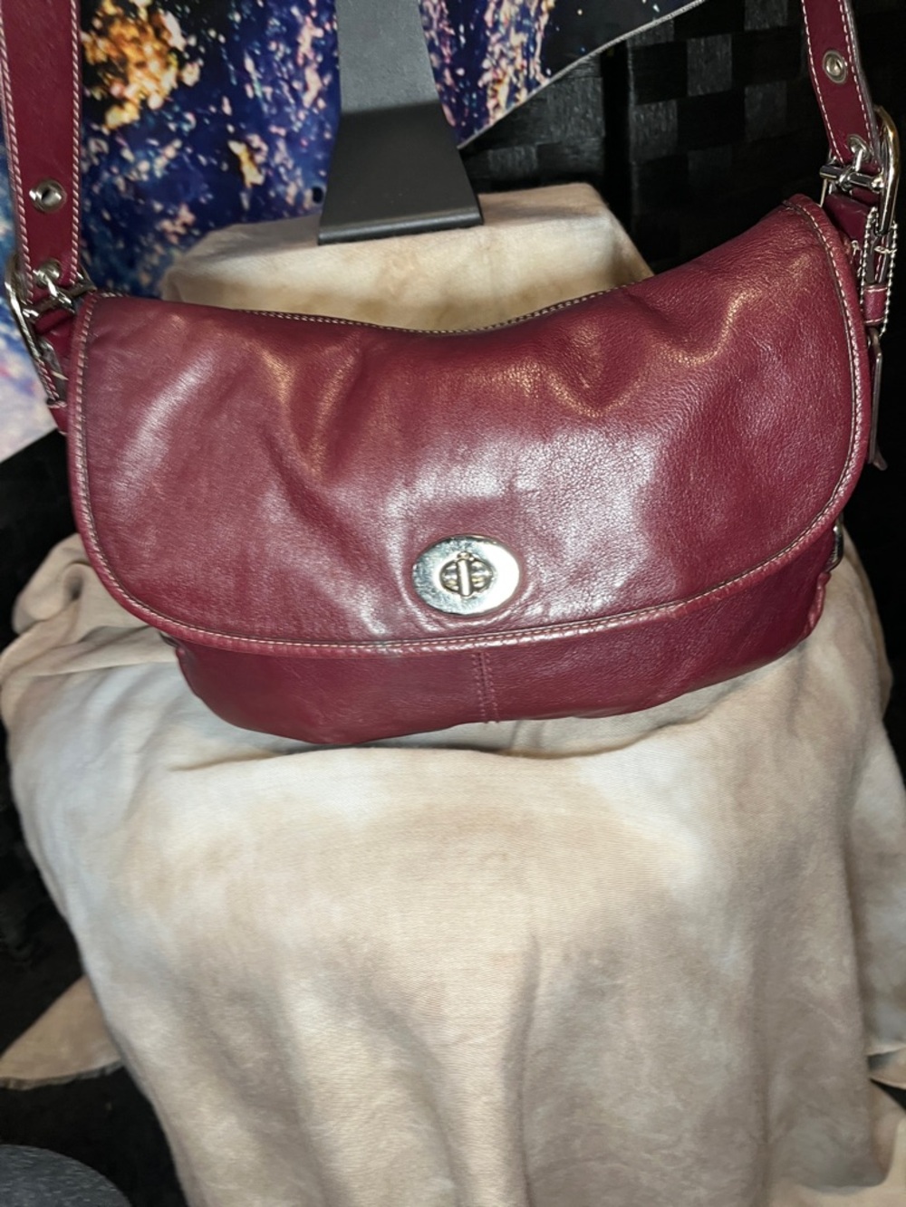 Vintage Coach Legacy Turn Lock Burgundy Tumbled Leather Crossbody Shoulder Bag